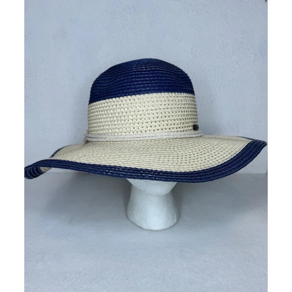 Panama Jack Wide Floppy Brim Straw Polyester Sun Hat Beige White Beach Pool New‎